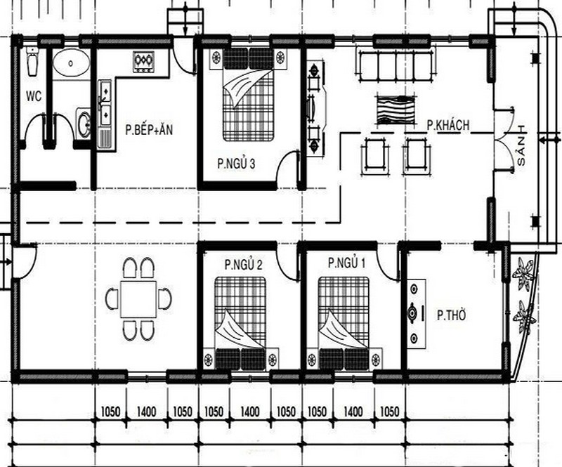 Mẫu nhà cấp 4 mái bằng 3 phòng ngủ, nhà cấp 4 giá rẻ NETNC4186 - Vtkong Kts
