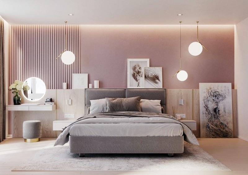 Phòng ngủ màu xám hồng