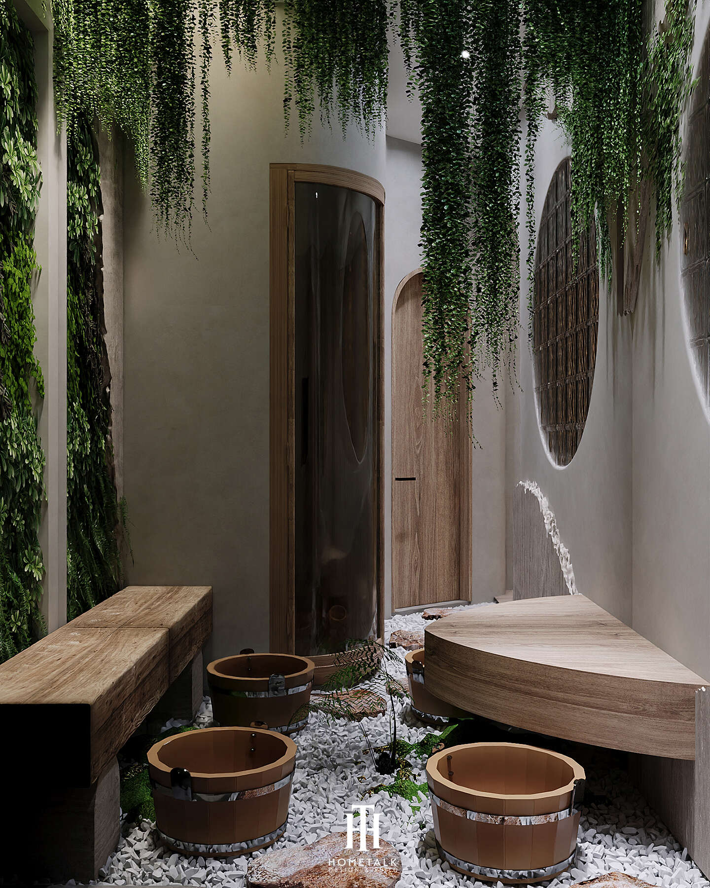 Không gian spa sử dụng đá lát và cây xanh tạo sự kết nối với thiên nhiên