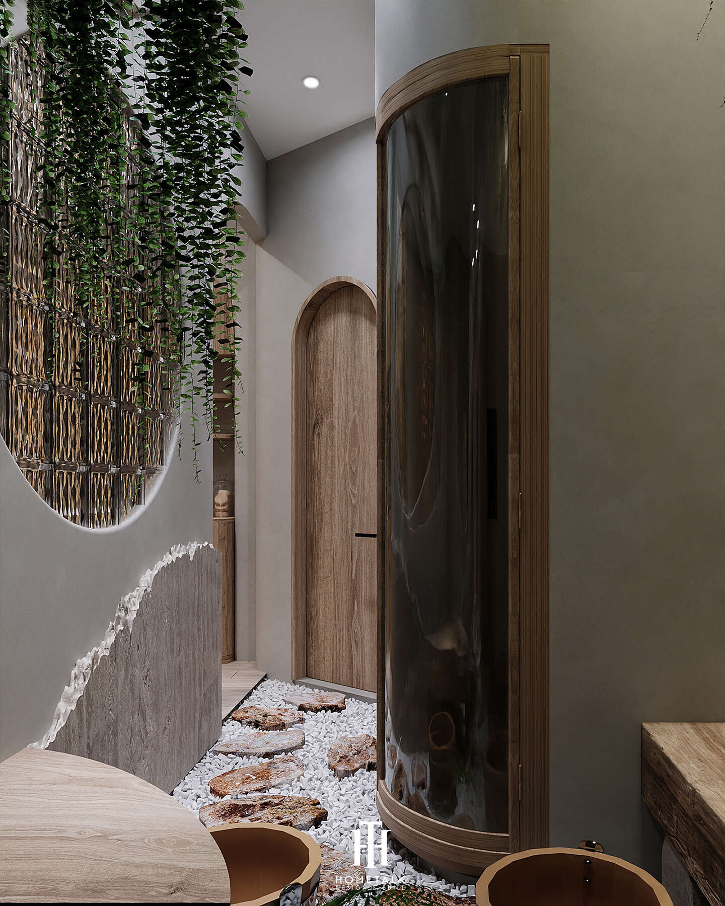 Hành lang spa nhẹ nhàng với lối thiết kế organic bo tròn và gạch kính nghệ thuật