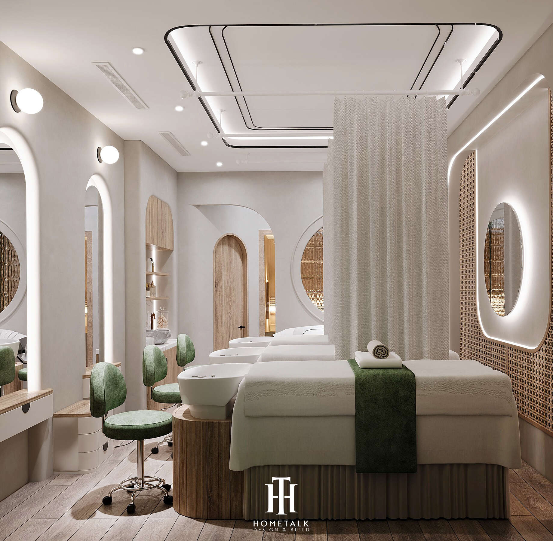 Phòng chăm sóc da chuyên sâu với trang thiết bị hiện đại và nội thất gỗ sáng