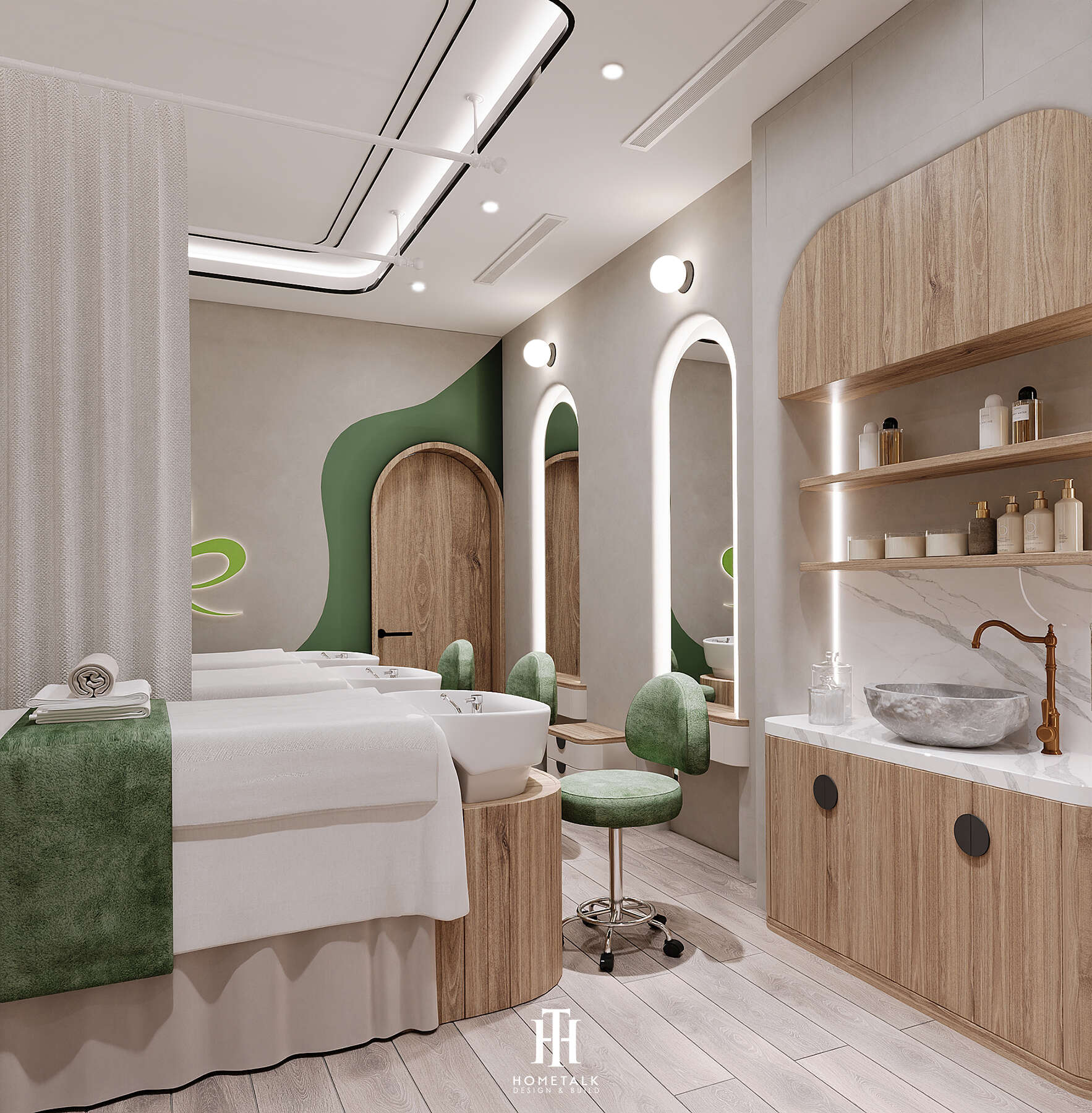 Phòng spa thiết kế đối xứng với đèn trần nghệ thuật và tường décor lá cây