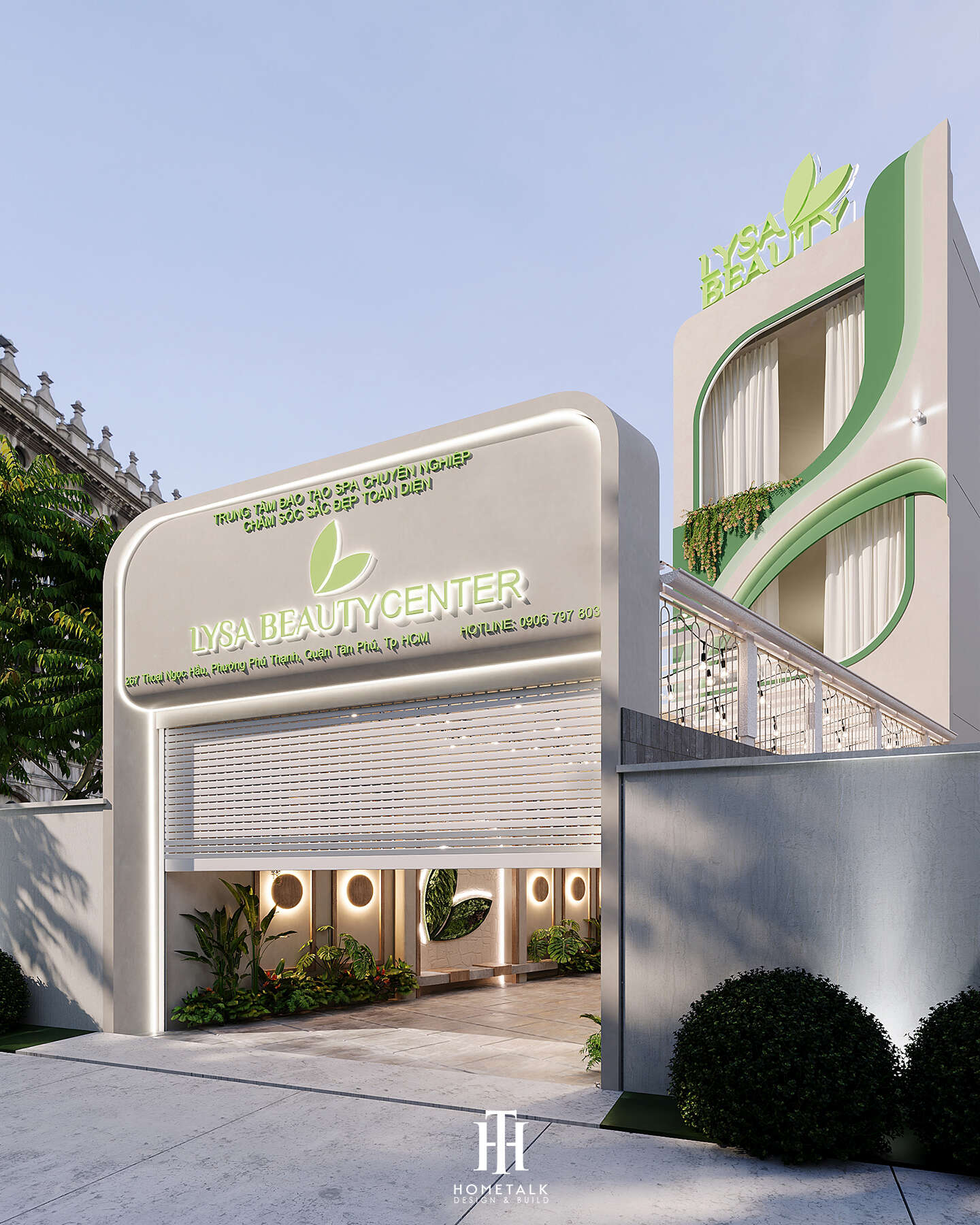 Mặt đứng chính diện spa Lysa Beauty với kiến trúc tối giản và điểm nhấn xanh mát