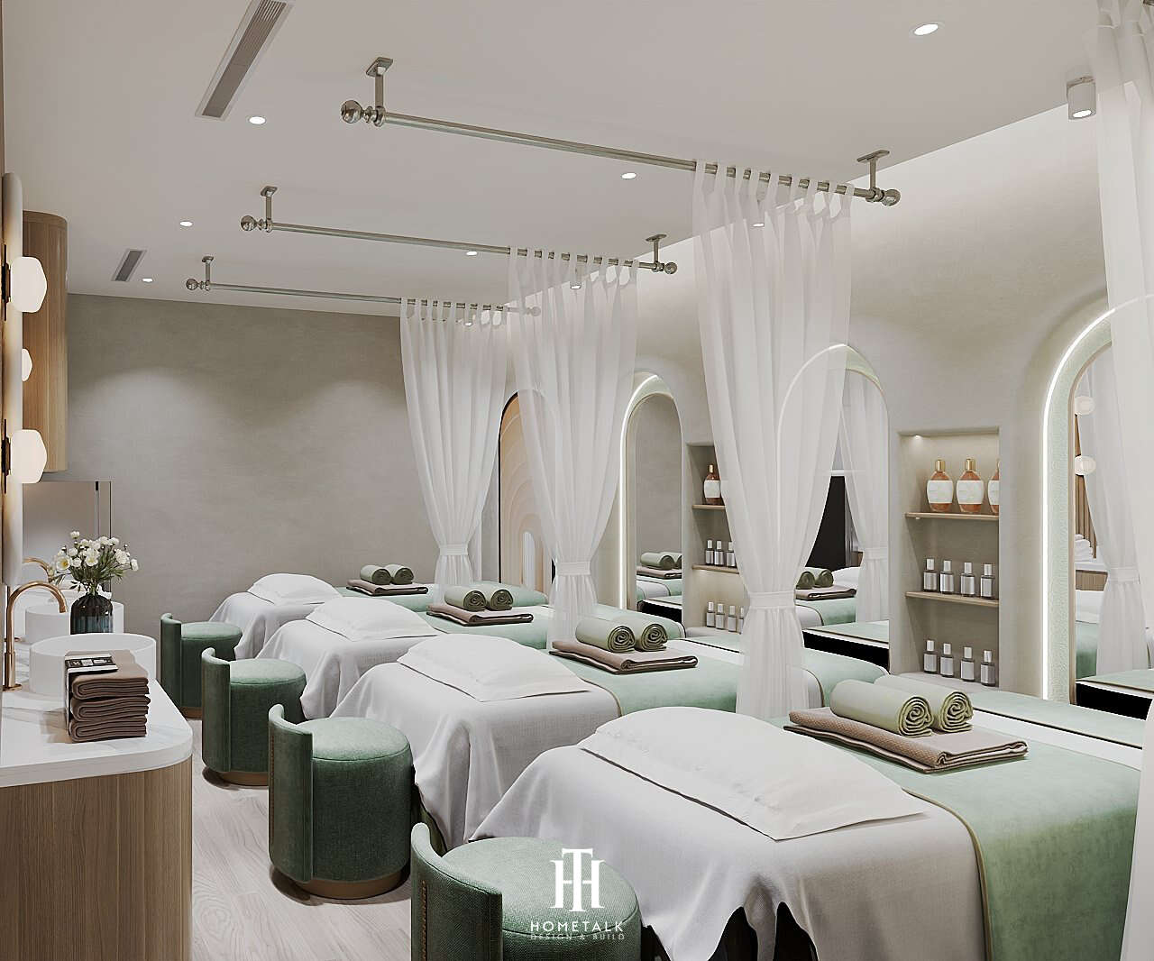 Phòng trị liệu spa với giường massage riêng tư và ánh sáng dịu nhẹ cho trải nghiệm thư giãn tối đa