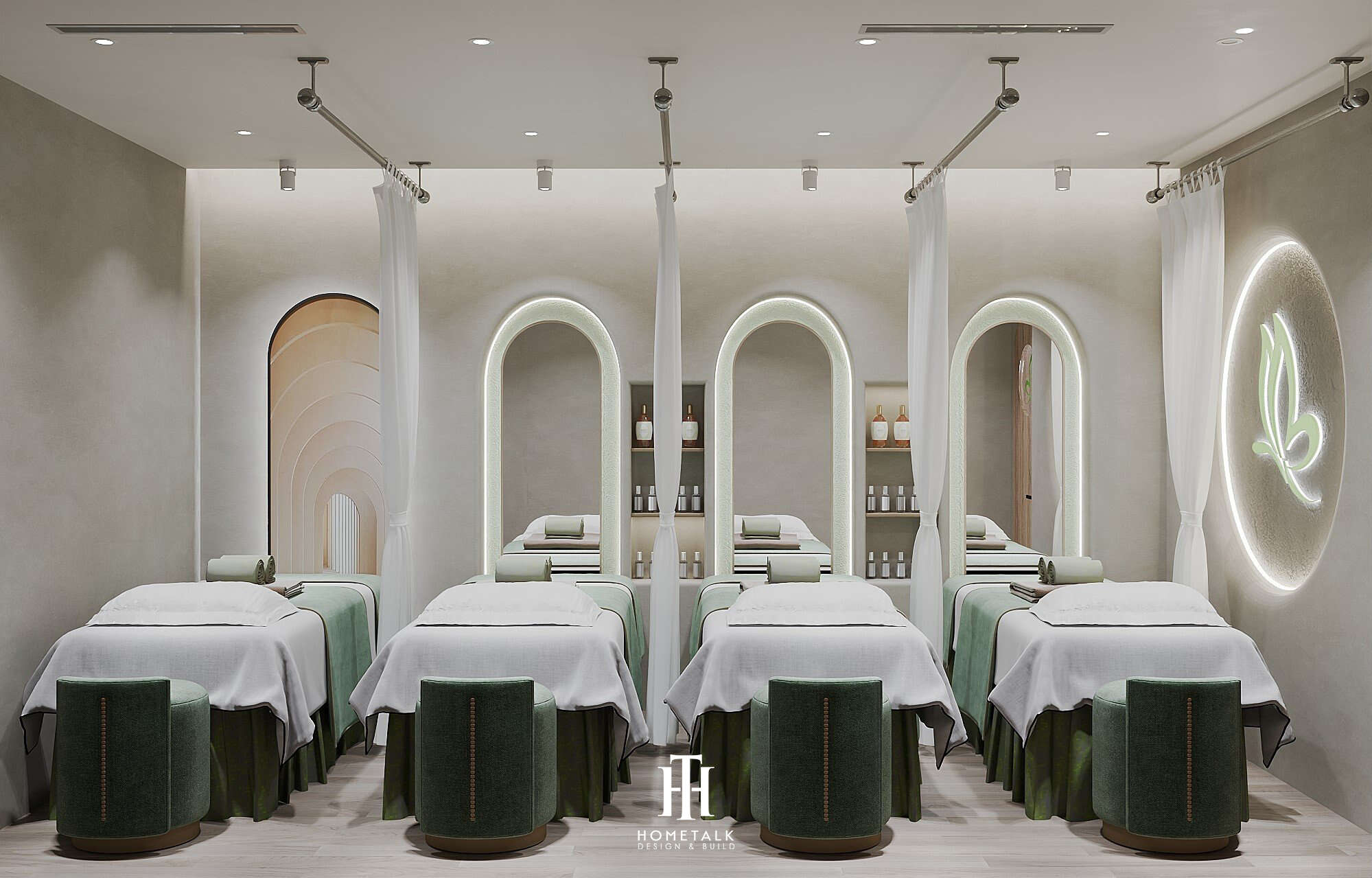 Không gian chăm sóc da chuyên sâu với nội thất ấm cúng và hệ thống ánh sáng thư giãn