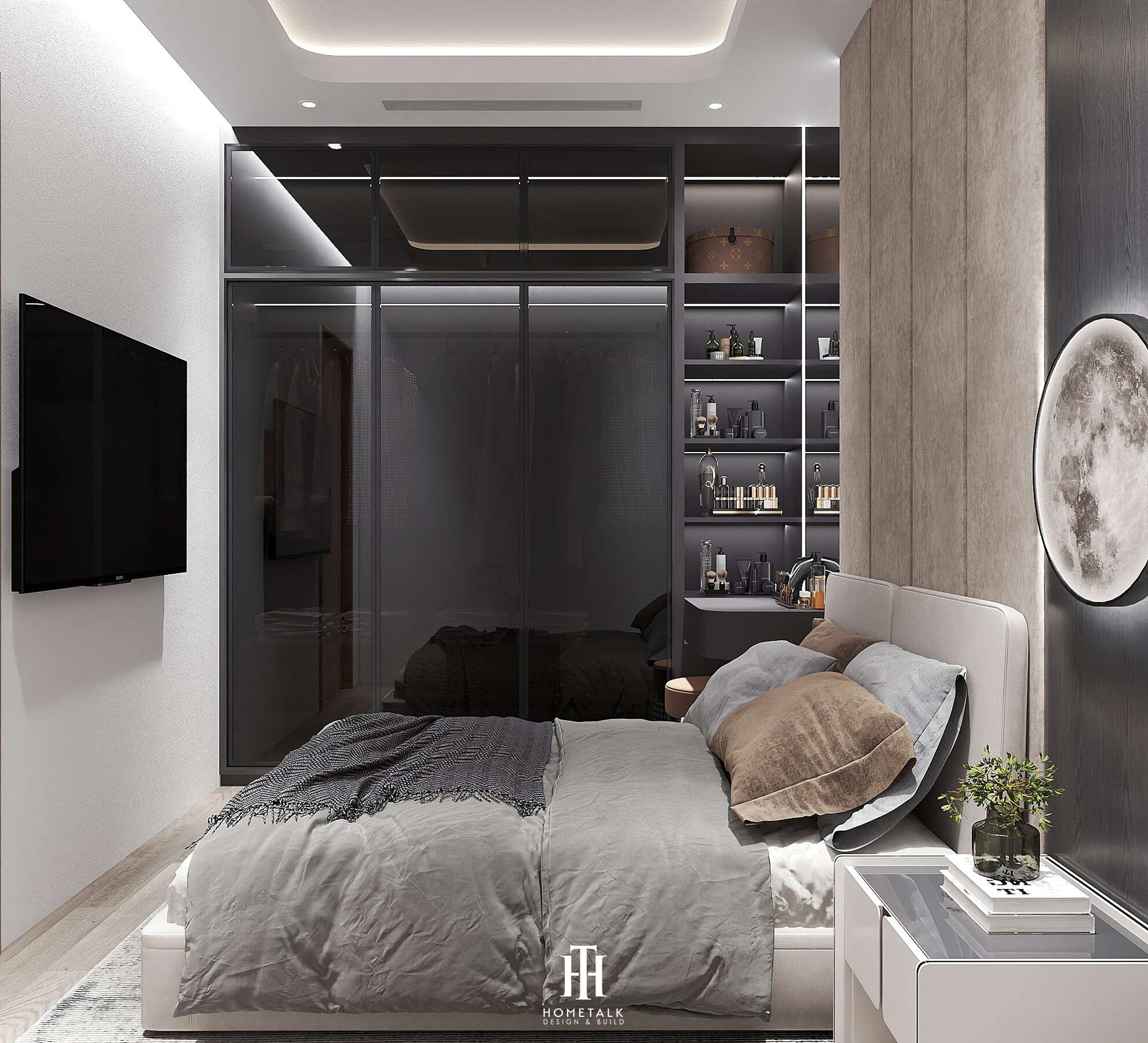 Phòng ngủ master tích hợp hệ tủ và kệ mỹ phẩm dành cho chuyên gia làm đẹp trong spa