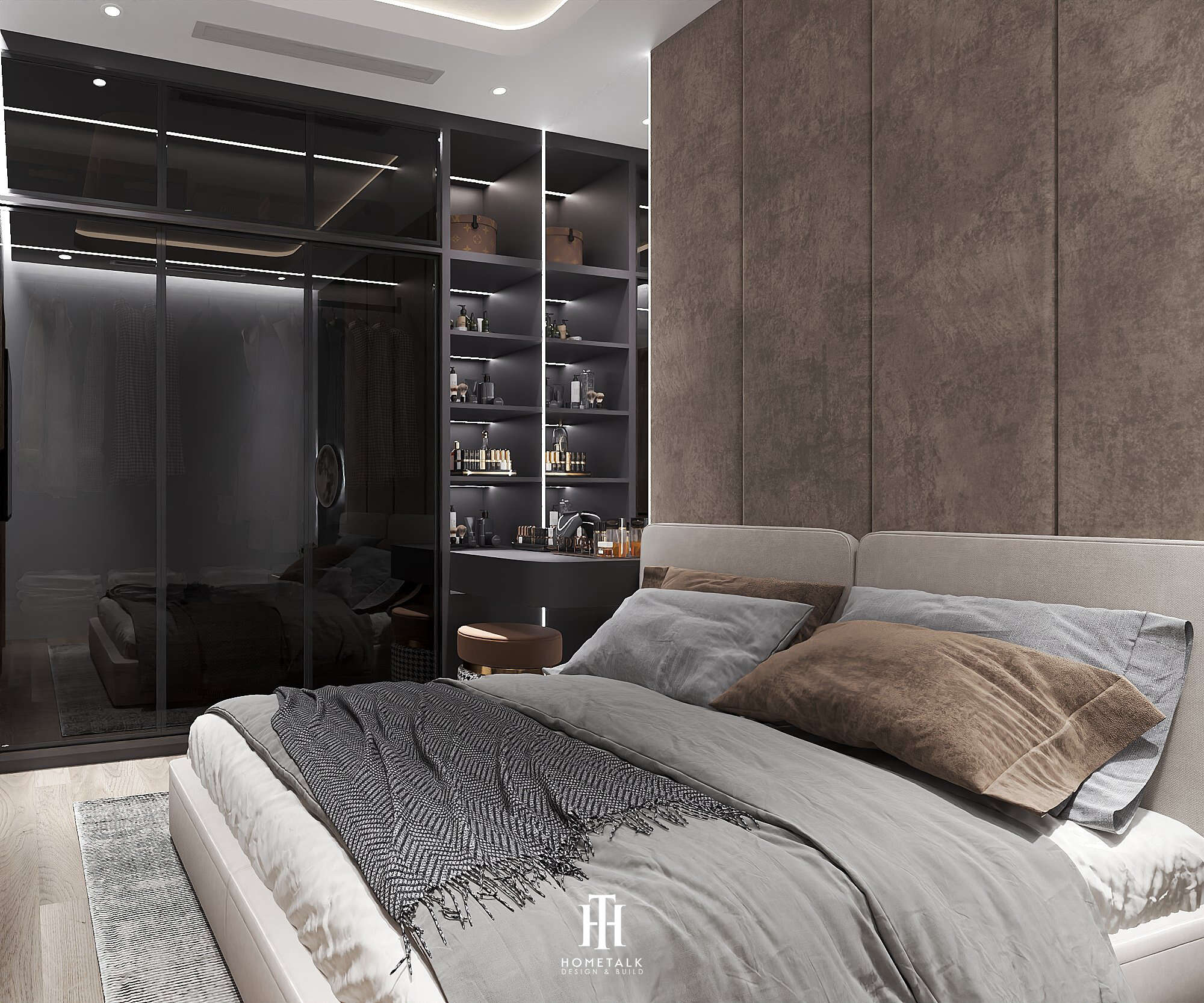 Góc thư giãn cá nhân trong phòng ngủ được thiết kế với gam màu trung tính và nội thất hiện đại