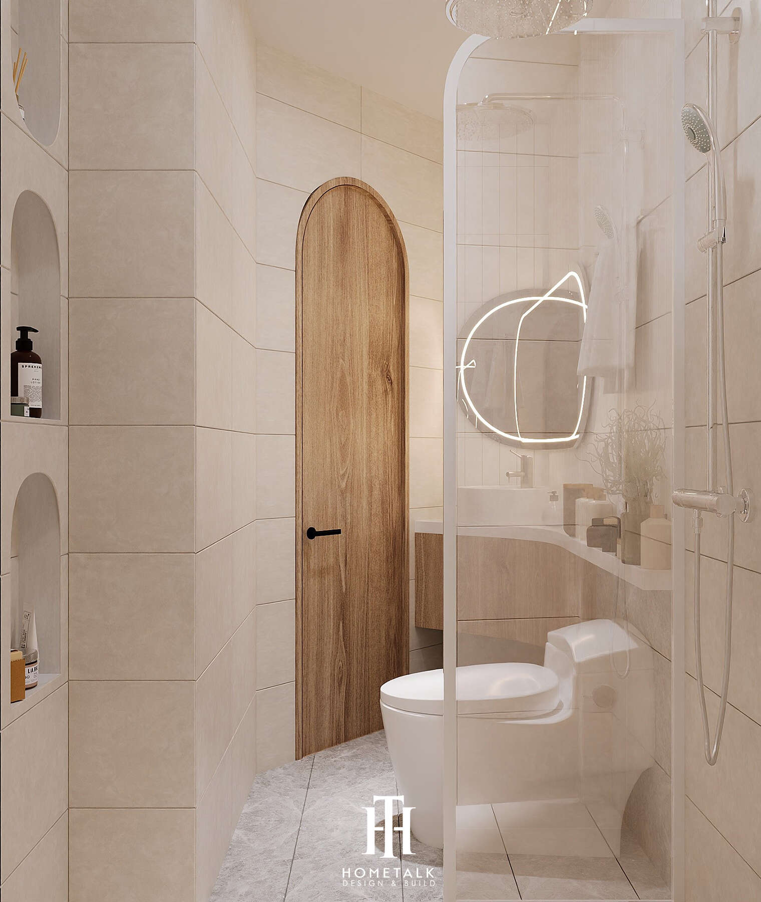 Thiết kế nhà vệ sinh spa sang trọng với cửa gỗ cong mềm mại và gương đèn LED hiện đại