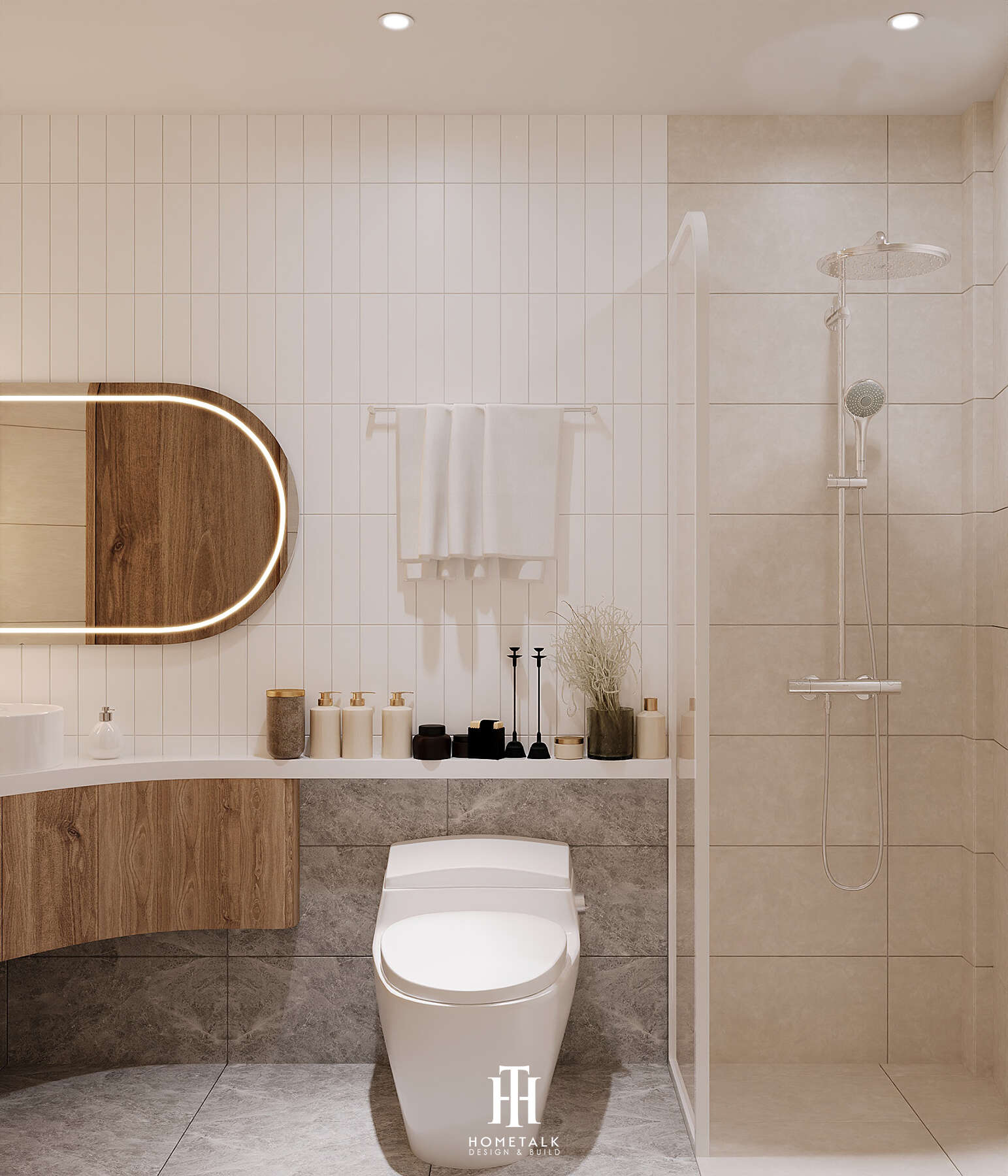 Không gian toilet spa bố trí khoa học với tông màu trắng sáng và nội thất tối giản