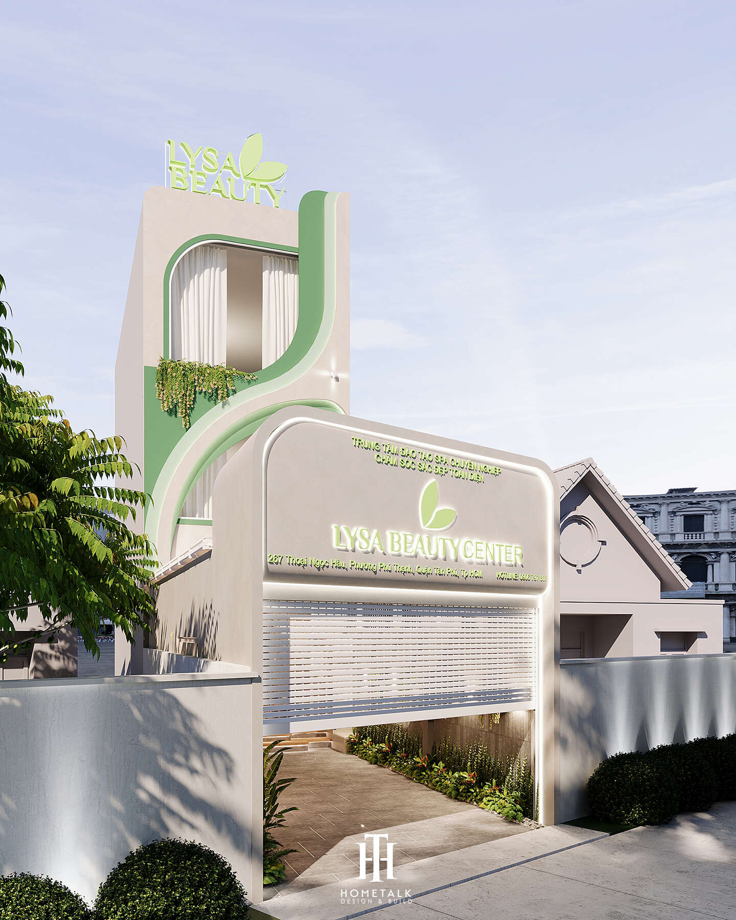 Góc nhìn chéo mặt tiền spa Lysa Beauty thể hiện sự tinh tế trong từng chi tiết thiết kế
