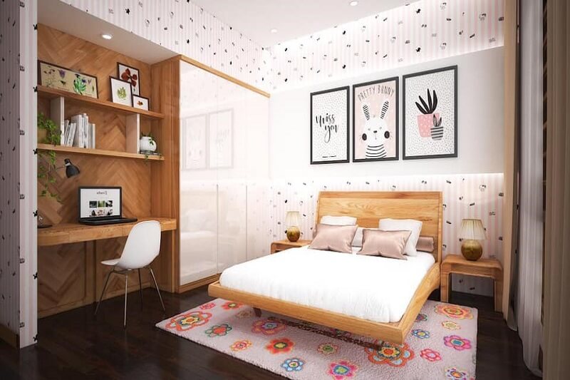 Phòng ngủ nhỏ màu hồng tiện nghi cho bé gái 