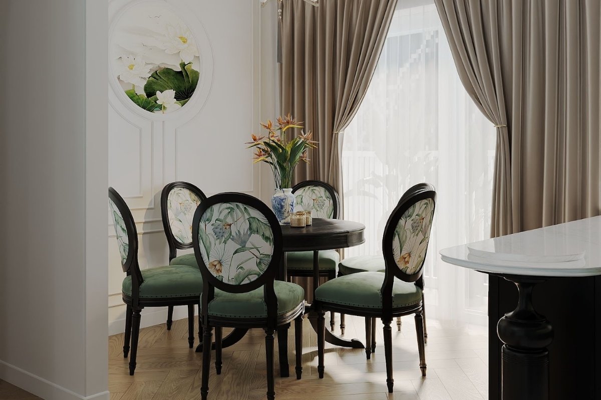 Bàn ăn thiết kế tròn cùng họa tiết hoa lá, bình hoa trang trí đậm chất xưa cũ nhưng sang trọng, tinh tế ban an thiet ke tron cung hoa tiet hoa la binh hoa trang tri dam chat xua cu nhung sang trong tinh te