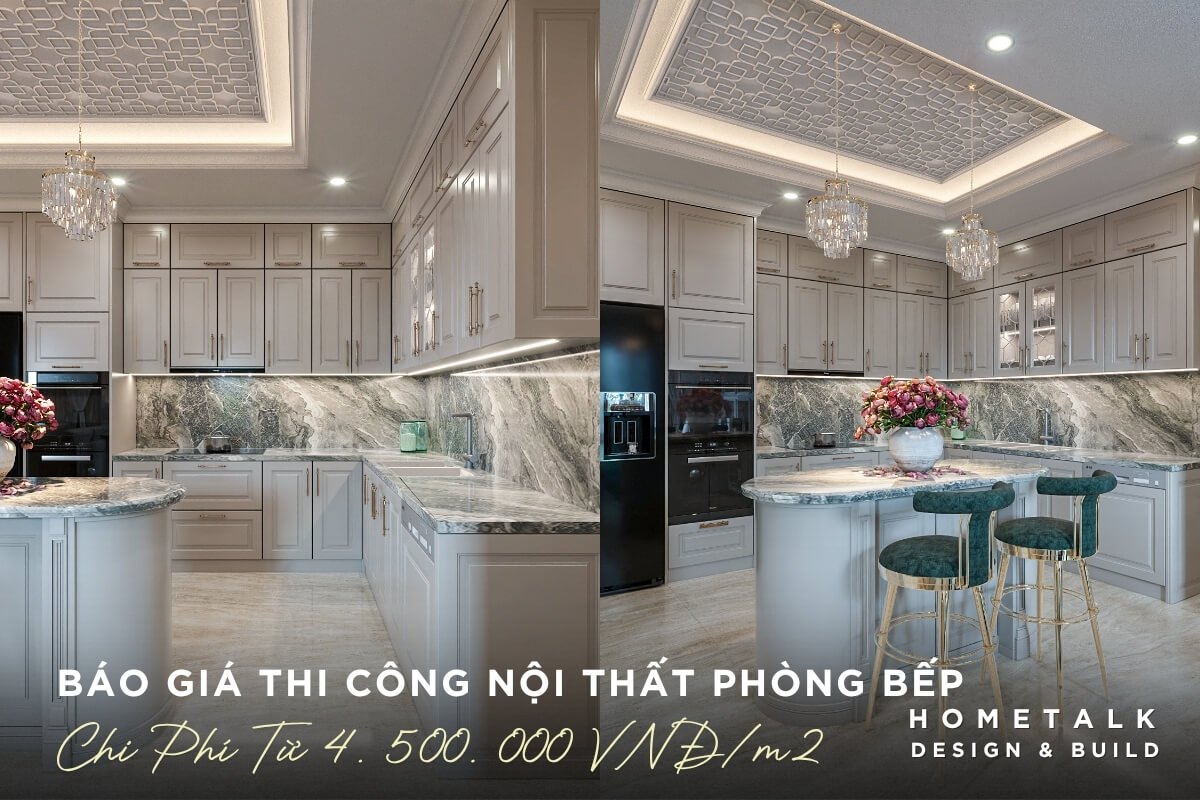 Bao gia noi that khong gian bep rong rai phong cach Tan Co Dien voi he tu bep lon va dao bep sang trong