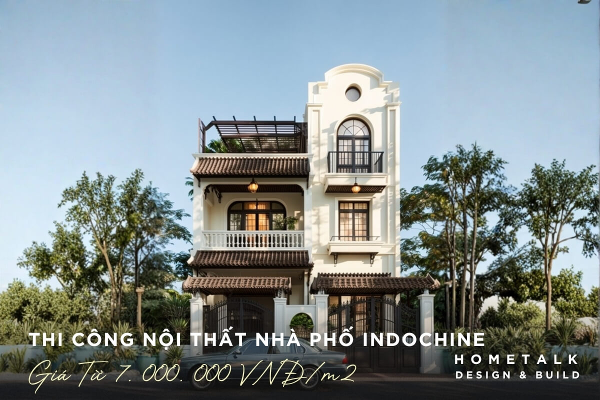 Bao gia thi cong noi that nha pho Hoc Mon phong cach Indochine cao ba tang voi tong trang chu dao, mai ngoi nau va he cua vom dac trung