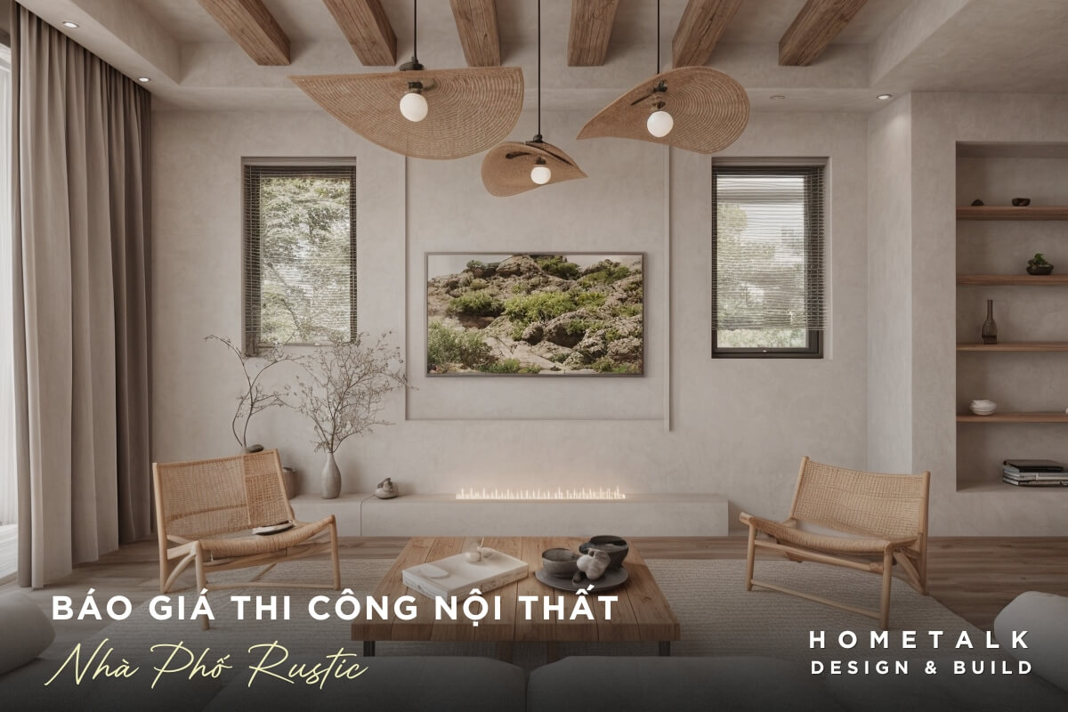 Bao gia thi cong noi that nha pho Rustic dac trung voi tran duoc thiet ke voi cac dam go tho ket hop voi den downlight am tran va den hat sang an