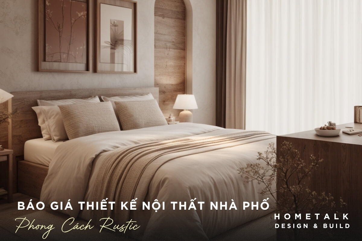Bao gia thiet ke noi that Rustic co tong mau chu dao la be, kem, nau go tao cam giac thu gian va gan gui voi thien nhien