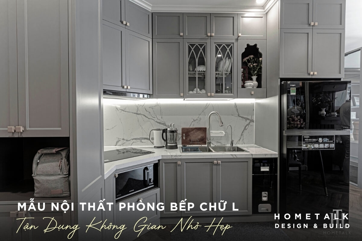 Căn bếp chữ L thiết kế theo phong cách hiện đại tối giản Can bep chu L thiet ke theo phong cach hien dai toi gian giam thieu toi da cac chi tiet thua
