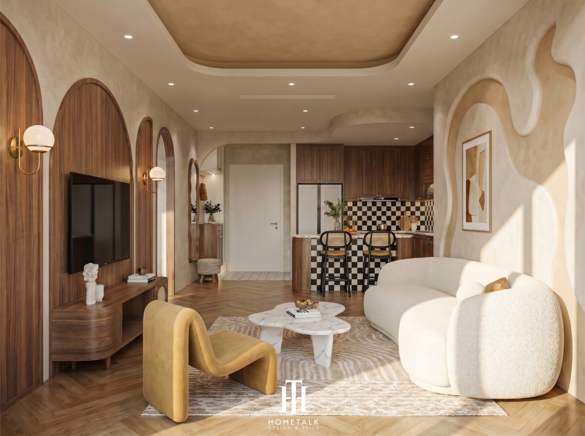 Căn hộ Linh Chi Midcentury mix Wabi Sabi Modern Celesta Rise 78m2 16 khong gian phong khach lien bep duoc thiet ke mo gam mau kem, nau ket hop chat lieu tu nhien