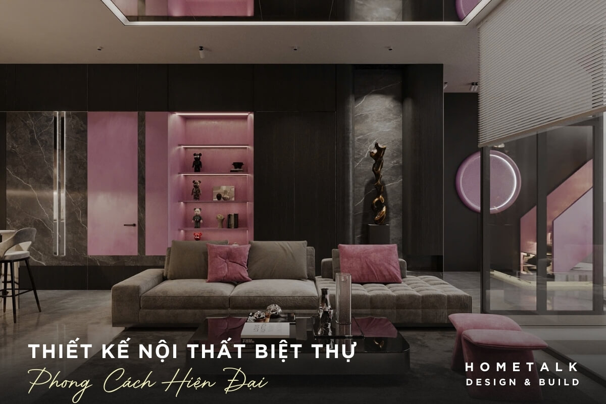 Chiếc tủ kệ âm tường màu đen được thiết kế với các ngăn kệ màu hồng, bộ sofa màu xám với thiết kế đơn giản nhưng tinh tế, tạo điểm nhấn màu sắc nổi bật cho không gian