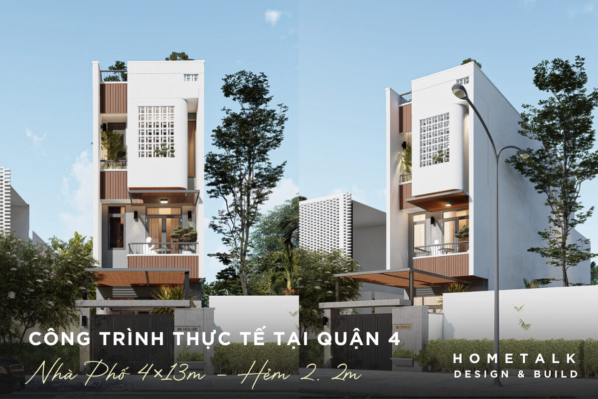 cong trinh nha pho 4x13m hem 2.2m thiet ke mat tien hien dai tai quan 4