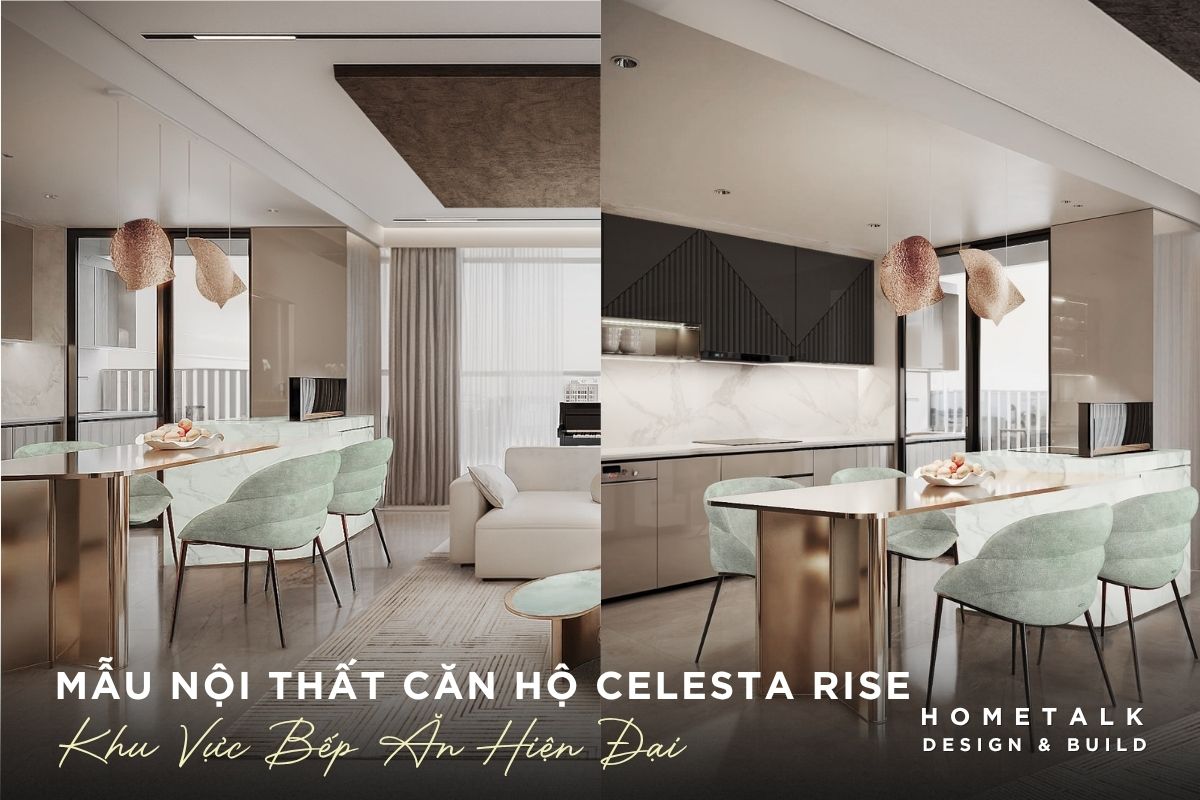 Mẫu thiết kế nội thất căn hộ Celesta Rise đẹp, gọn gàng và dễ ứng dụng 45 khu bep an hien dai duoc thiet ke voi ghe xanh pastel phoi cung anh kim loai cua chan ban an