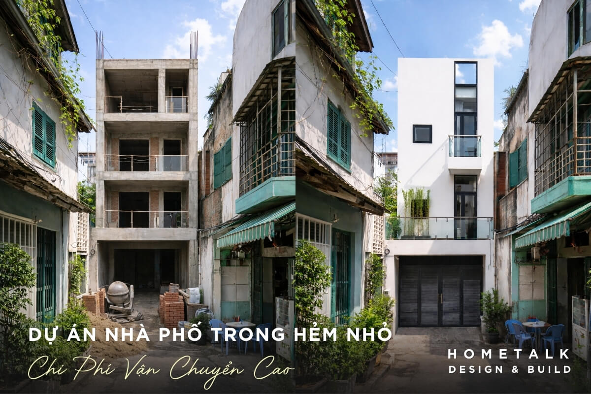 Hinh anh so sanh truoc va sau cua du an nha pho trong hem nho, the hien qua trinh thi cong tu phan tho den hoan thien