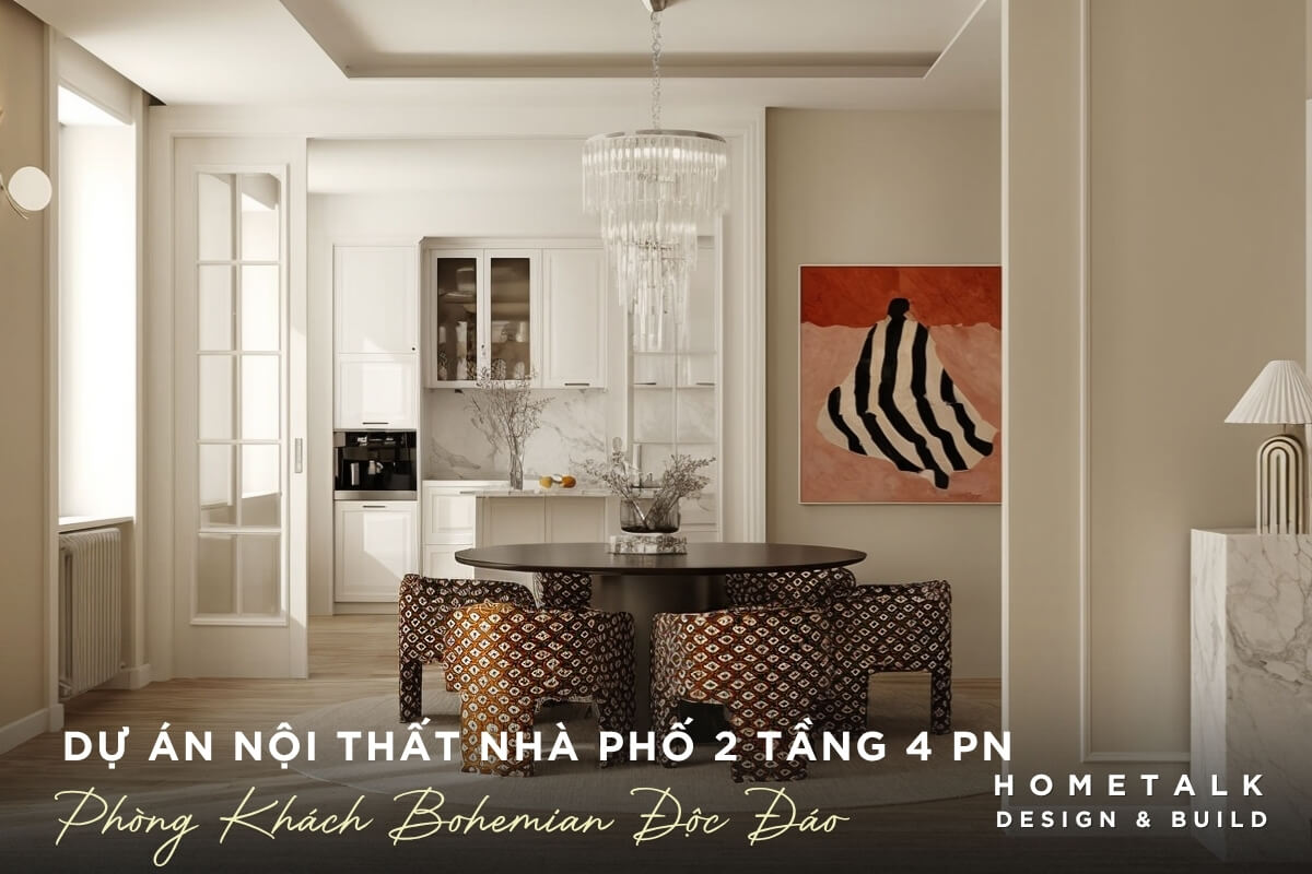 Dự án nội thất nhà phố 2 tầng 4 phòng ngủ, mang phong cách Bohemian độc đáo và hiện đại Phong khach va khu vuc an uong lien ke trong du an noi that nha pho 2 tang 4 phong ngu, mang phong cach Bohemian doc dao va hien dai