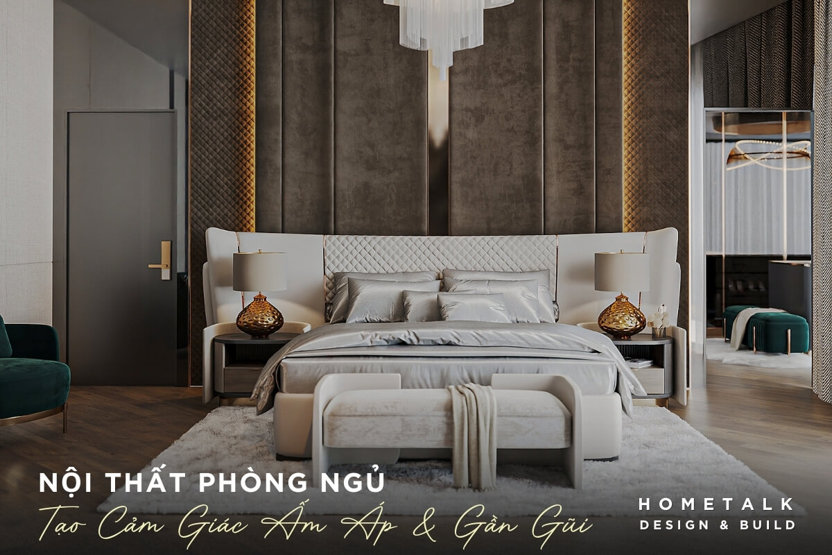 Ga trai giuong va goi duoc lam tu chat lieu lua satin mau bac, phong ngu su dung cac gam mau trung tinh va chat lieu cao cap, tao nen mot khong gian nghi ngoi am ap