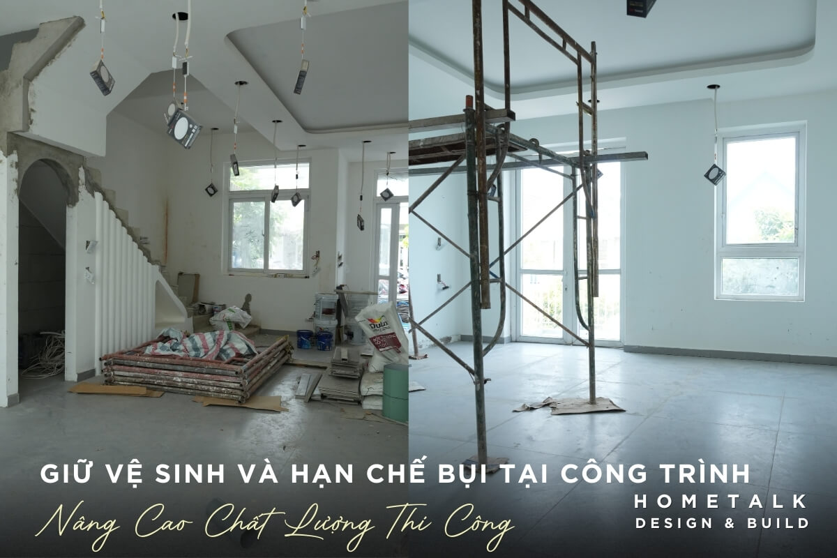 cong trinh nha o quan 7 duoc che chan, don dep vat lieu va han che bui trong qua trinh thi cong hoan thien