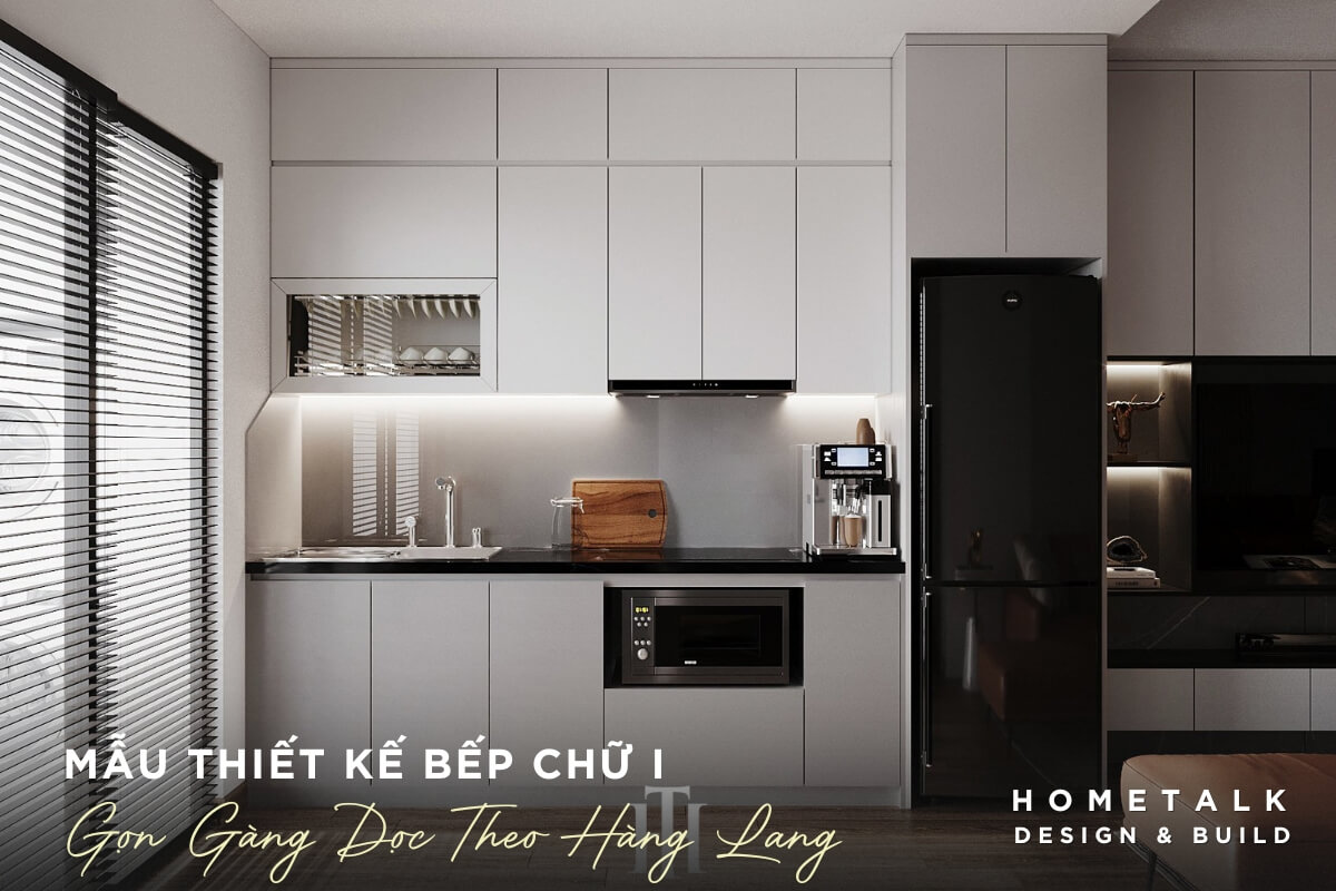 Hệ thống tủ bếp kịch trần tối ưu hóa không gian căn hộ 45m2 He thong tu bep kich tran toi uu hoa khong gian su dung duoc bo tri gon gang doc theo hanh lang can ho 45m2
