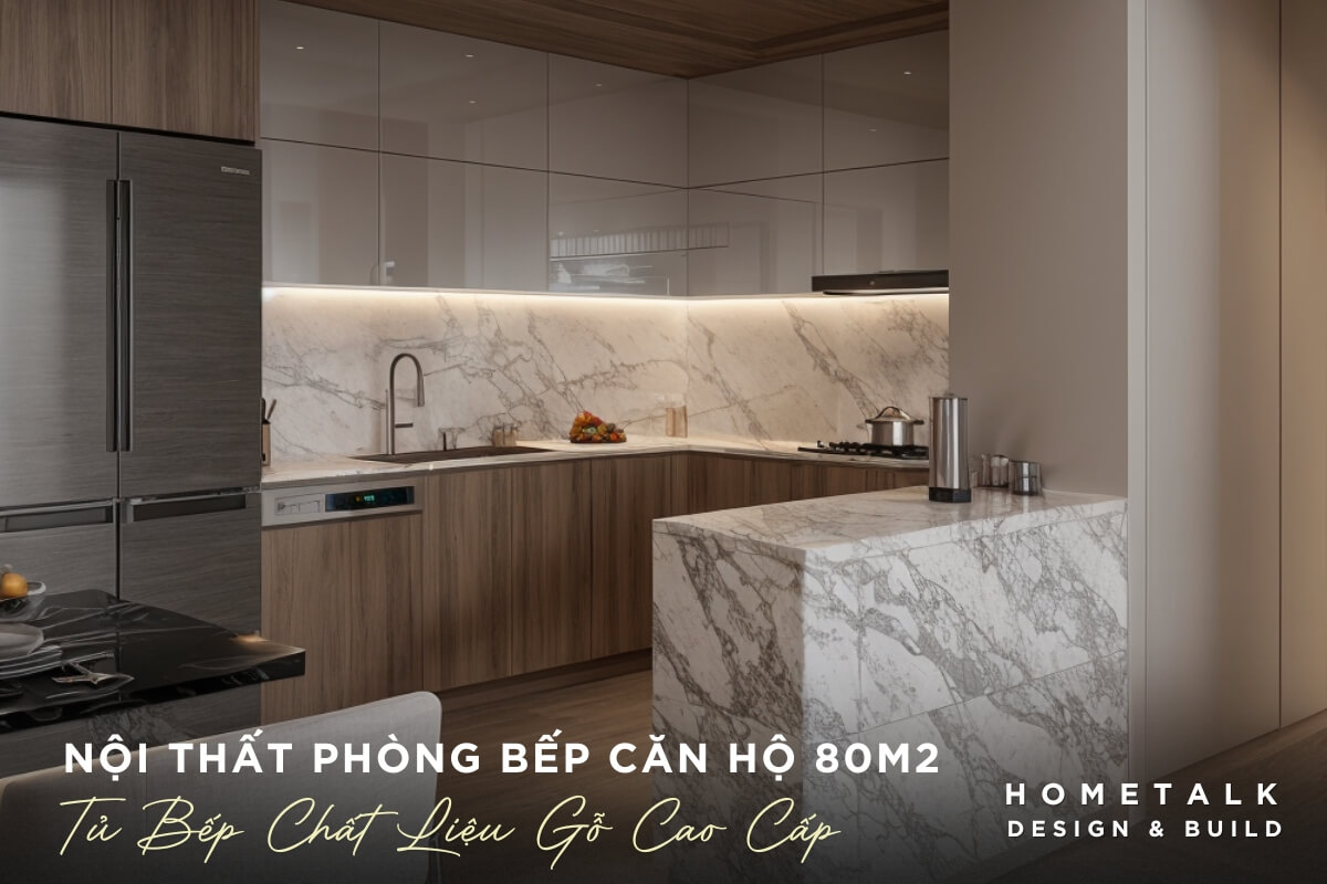 He thong tu bep su dung canh tu bang go voi cac duong van tu nhien voi dao bep op da cam thach trang van xam tao ve dep am cung va sang trong