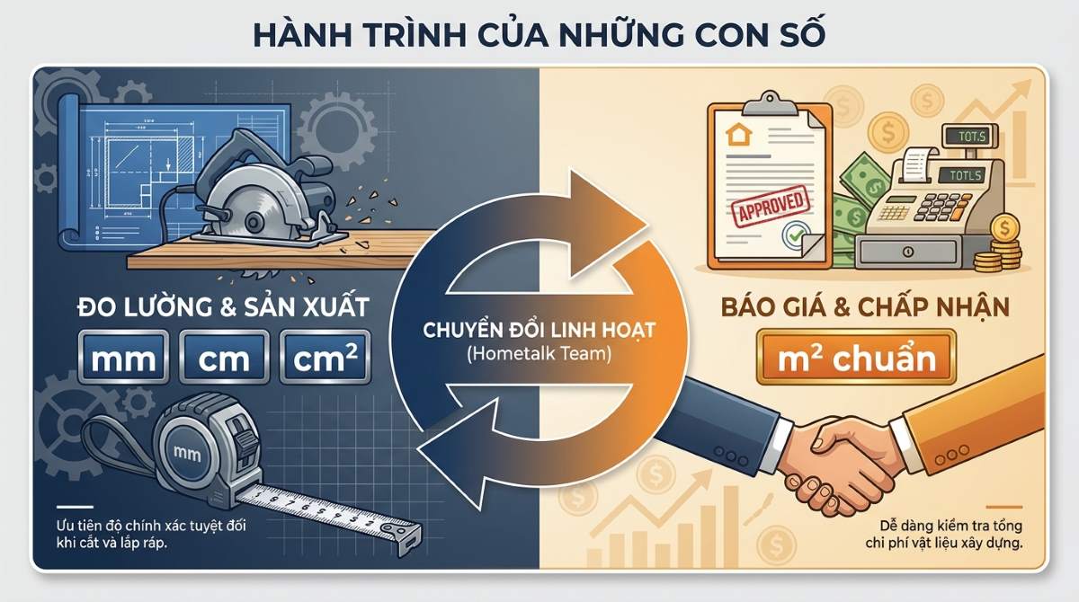 1m2 Bằng Bao Nhiêu cm2? Bảng Đổi & Công Cụ Tính Nhanh 13 Sơ đồ phân loại khi nào nên dùng m2 và cm2 trong quy trình thiết kế, bóc tách và thi công nội thất.