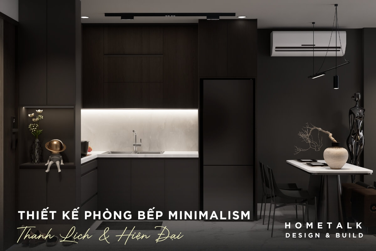 Khong gian bep duoc thiet ke voi gam mau den va xam dam lam chu dao, tao ve sang trong va tinh te cho chung cu Minimalism 80m2