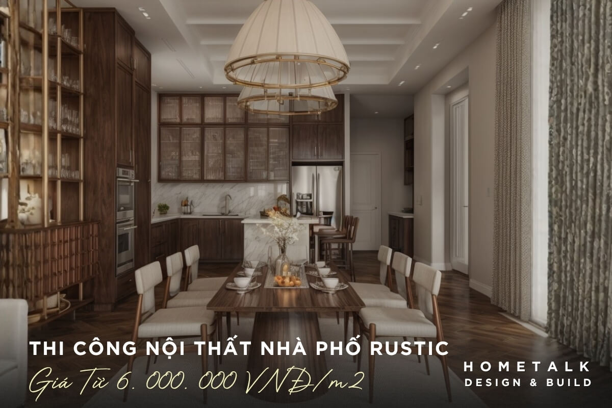 khong gian bep rustic am cung voi tong go tram va anh sang vang ve dep moc mac, sang trong dac trung cho nha pho binh thanh