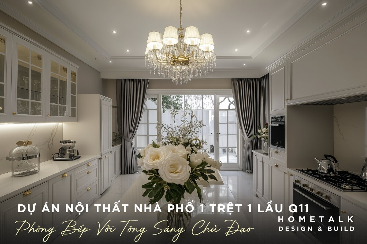 khong gian bep sang trong va tinh te ket hop voi mot chiec den chum lon long lay, tao khong khi am ap va dang cap trong du an noi that nha pho 1 tret 1 lau tai Quan 11