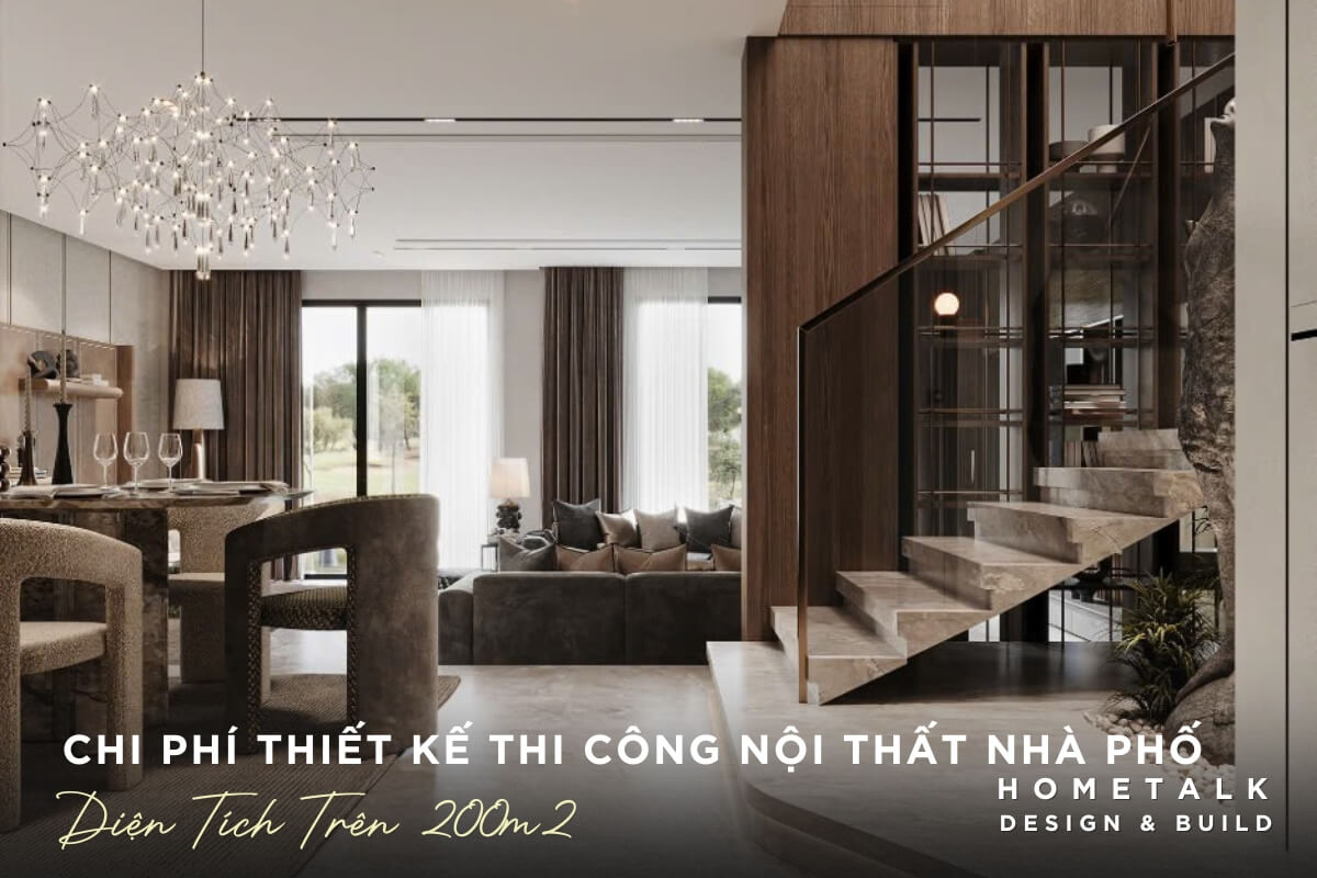 Khong gian nha pho dien tich tren 200m2 rong lon, thong thoang voi phong khach va phong an mo