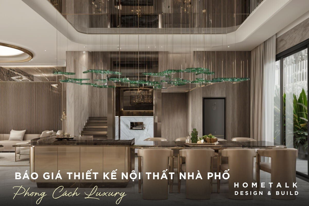 Khong gian phong an va khu vuc bep mo Luxury nhan manh vao vat lieu bong, kim loai va anh sang doc dao