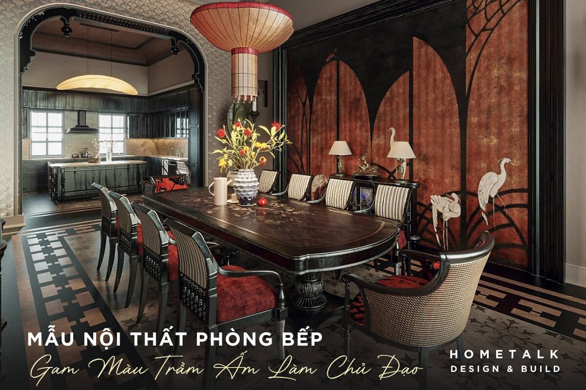 Mẫu thiết kế nội thất phòng bếp Indochine biệt thự đẹp quận Tân Bình Khong gian phong bep duoc thiet ke mo voi cac tu bep go mau nau tram ket noi giua khong gian bep va phong an voi ban ghe an lon voi thiet ke co dien