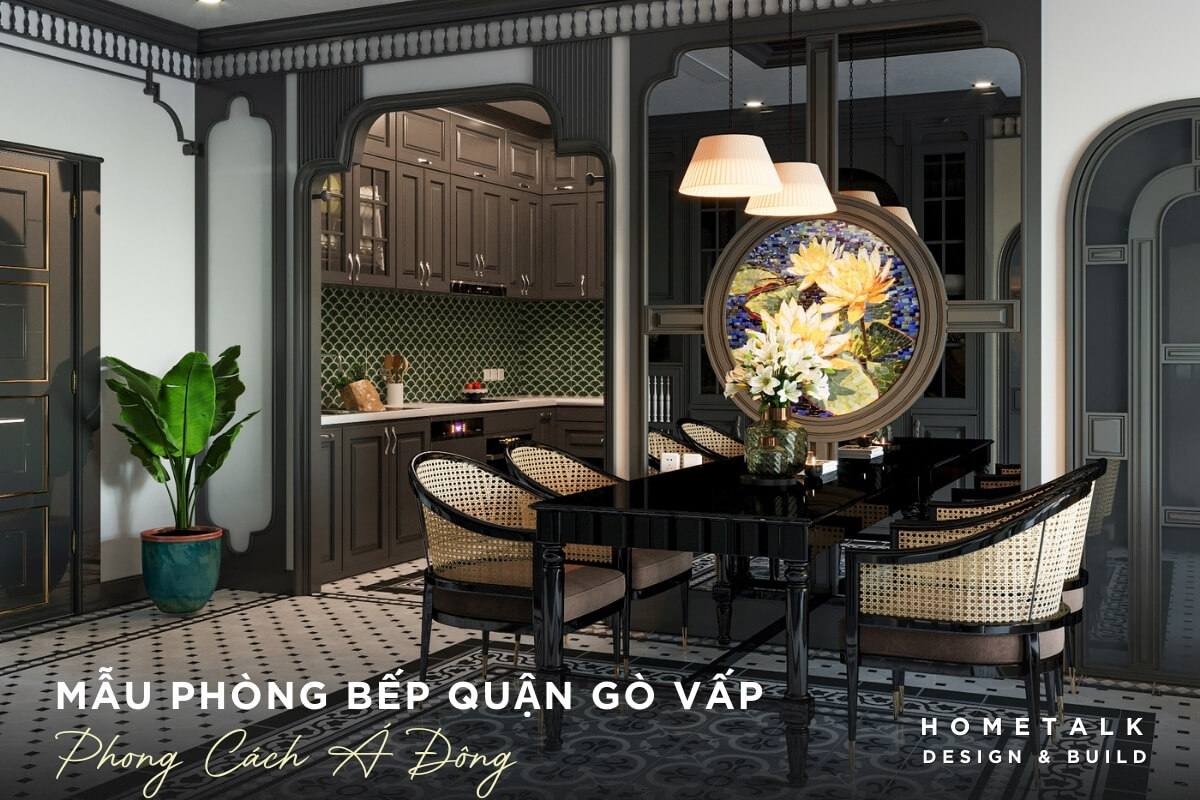 Khong gian phong bep voi bo ban ghe an lon voi thiet ke A Dong voi buc tranh tuong lon voi hoa tiet hoa sen va bep nau voi thiet ke mo am cung va tinh te