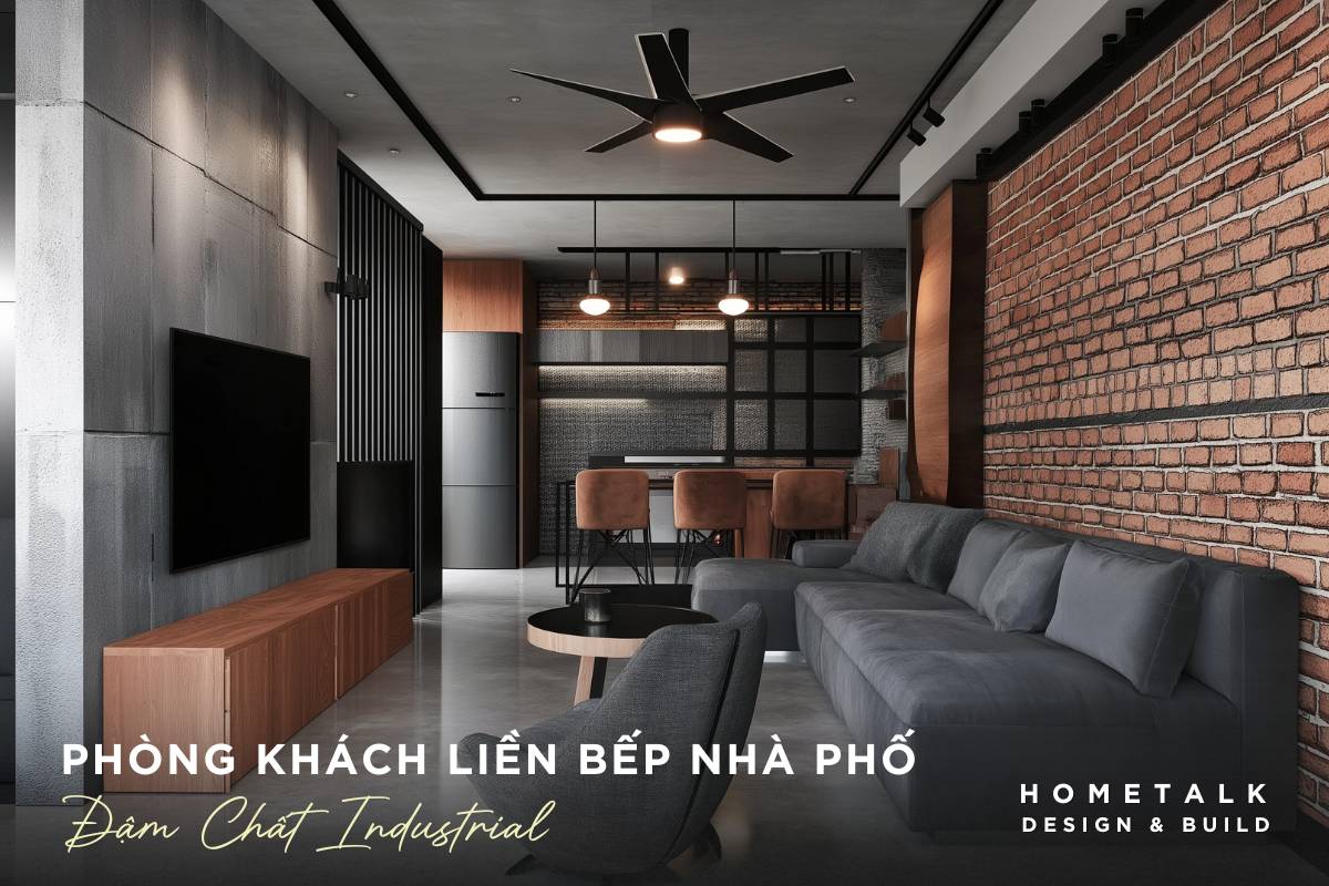 khong gian phong khach lien bep dam chat industrial voi tuong gach tho, tran be tong