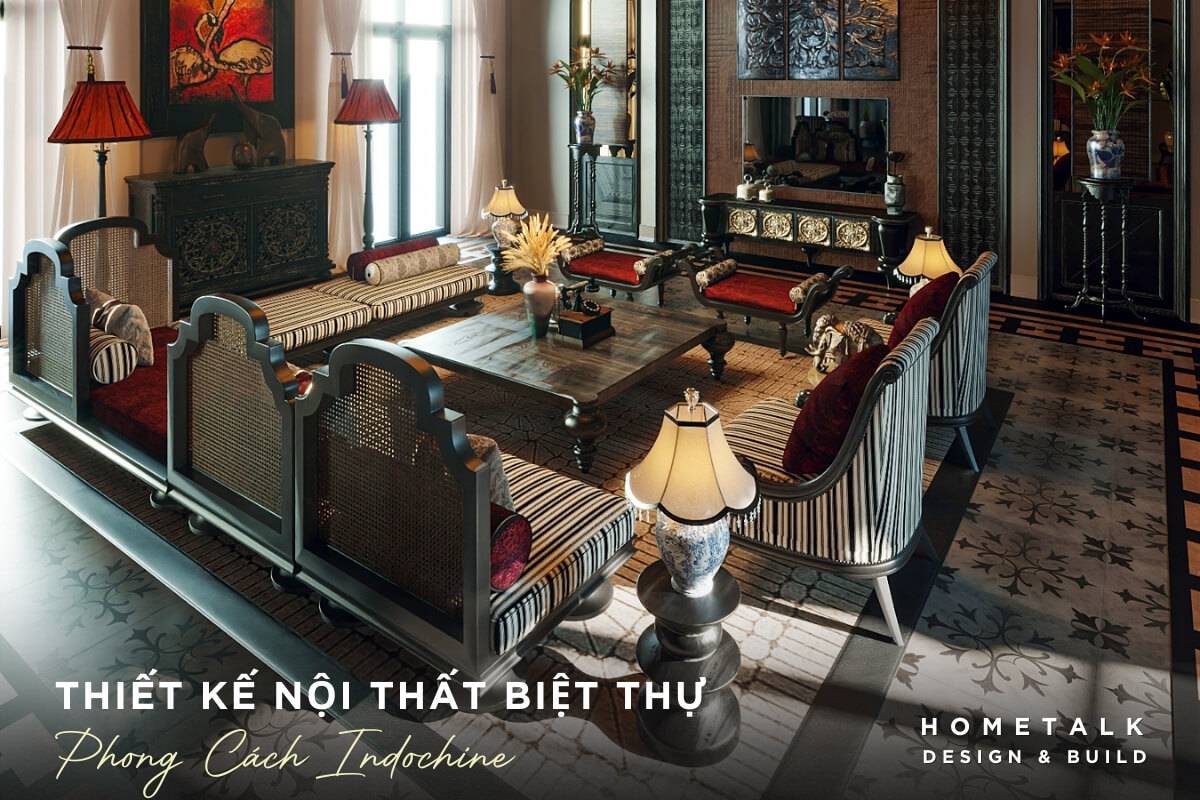 Khong gian phong khach noi bat voi ban tra go lon va sofa lon voi thiet ke doc dao, trang tri voi nhung hoa tiet hoa van tinh xao, tao cam giac cao rao va sang trong