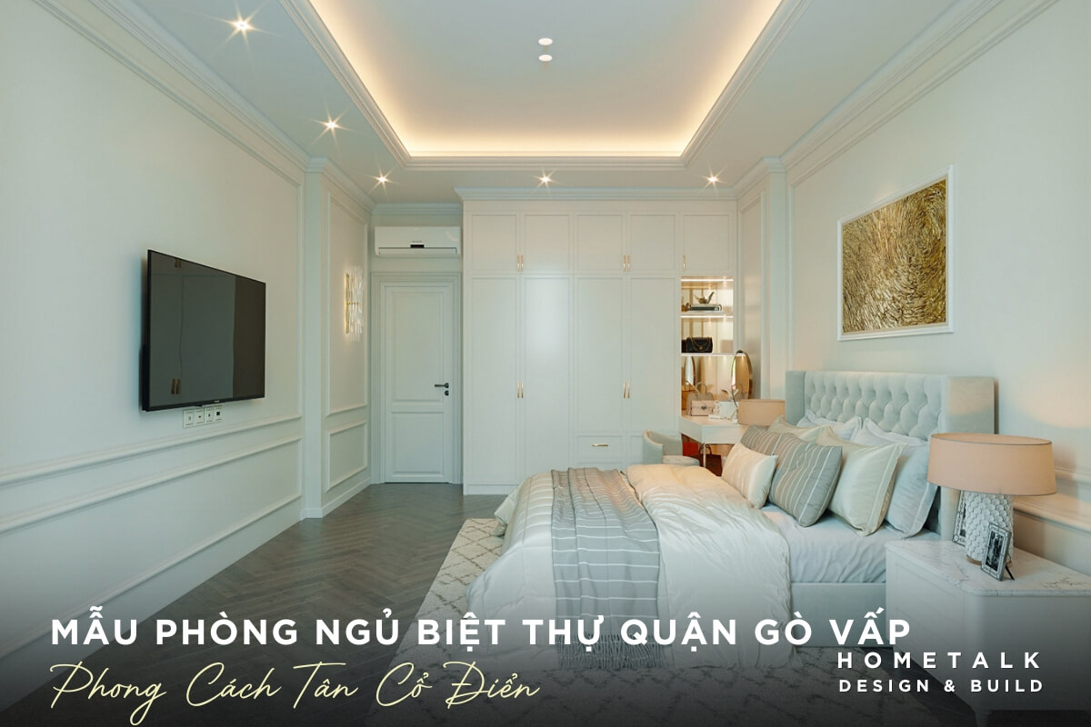 khong gian phong ngu biet thu quan go vap vói giuong ngu lon dau giuong boc da mau trang kem tu quan ao lon am tuong tao su gon gang va ngan nap
