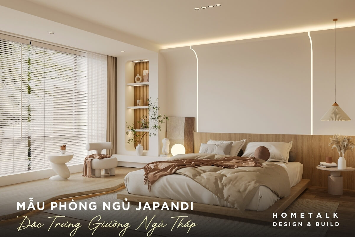 Khong gian phong ngu Japandi thiet ke voi tong mau sang dac trung voi chiec giuong ngu thap, san nha duoc lat go tu nhien mau sang, voi nhung duong van go doc dao