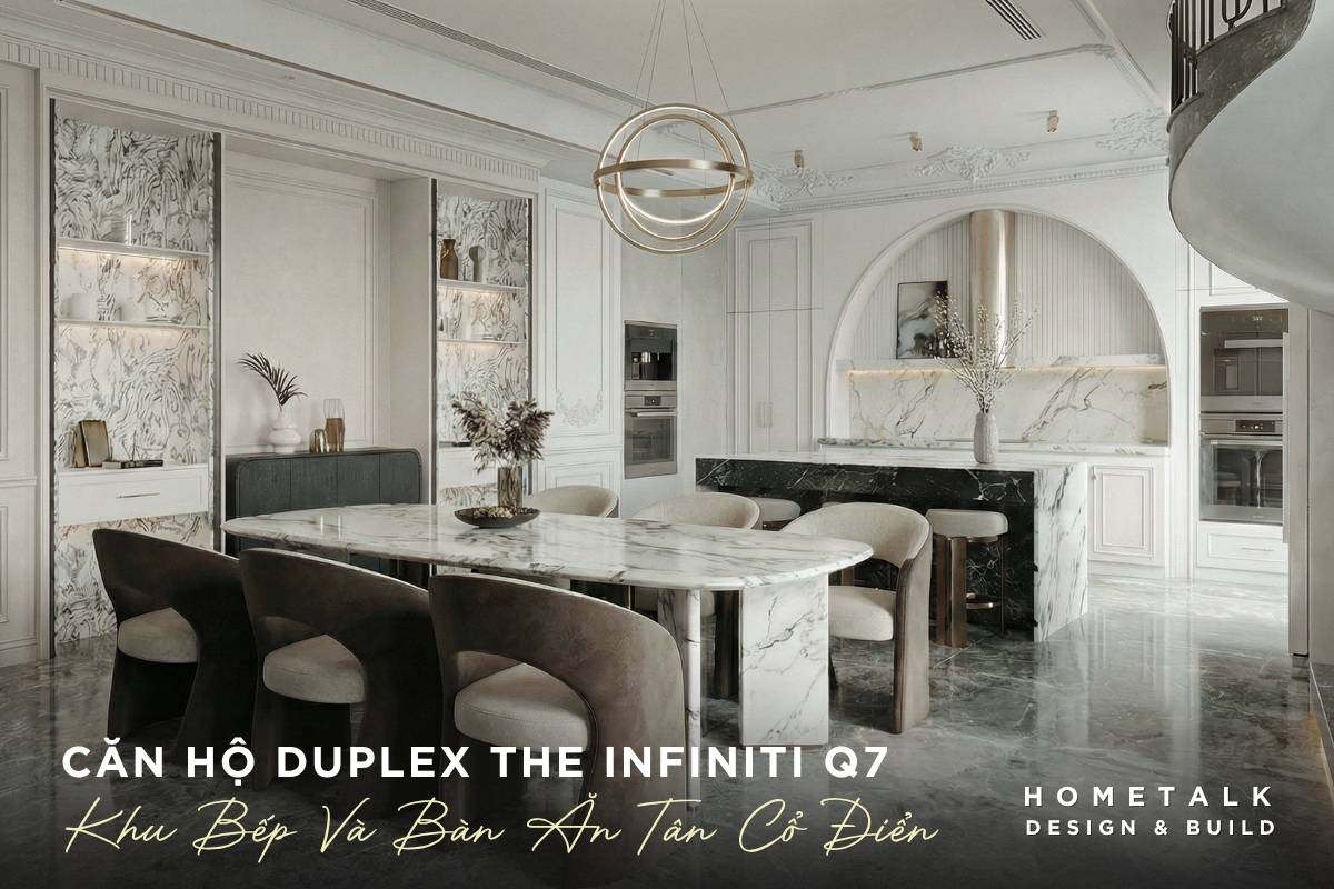 khu bep va ban an duoc thiet ke lien mach trong khong gian mo, ket hop vat lieu cao cap