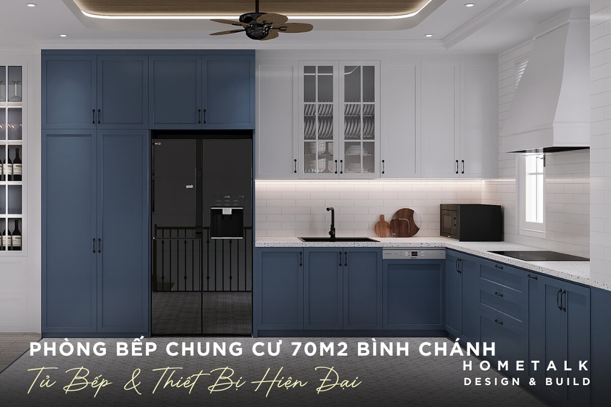 khu vuc bep của chung cu 70m2 binh chanh duoc thiet ke gon gang voi tu bep hien dai va cac thiet bi thong minh