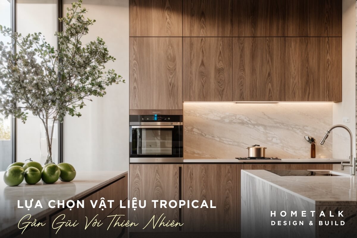 khu vực bếp với hệ tủ bếp trên và dưới đều bằng gỗ màu nâu sẫm với các đường vân tự nhiên rõ nét khu vuc bep voi he tu bep tren va duoi deu bang go mau nau sam voi cac duong van tu nhien ro net, tao cam giac moc mac va am cung
