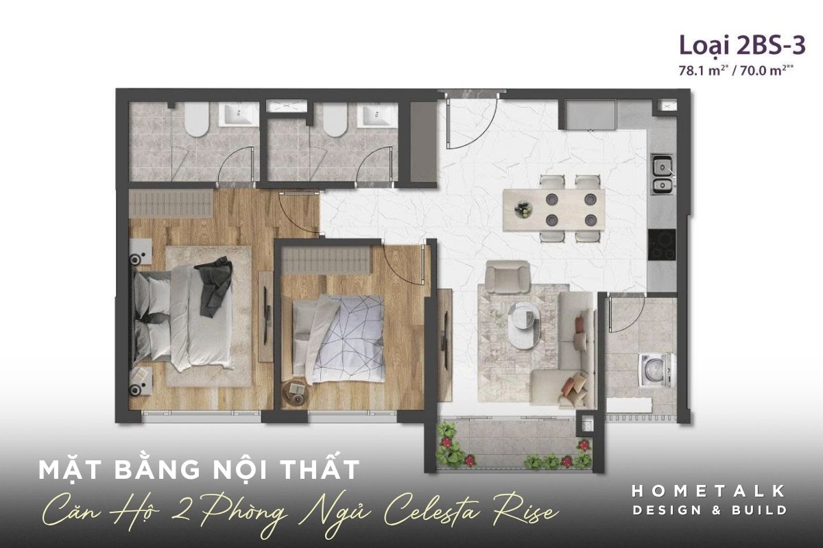 Mẫu thiết kế nội thất căn hộ Celesta Rise đẹp, gọn gàng và dễ ứng dụng 38 layout can ho 2 phong ngu celesta rise can bang giua khong gian sinh hoat chung va phong rieng