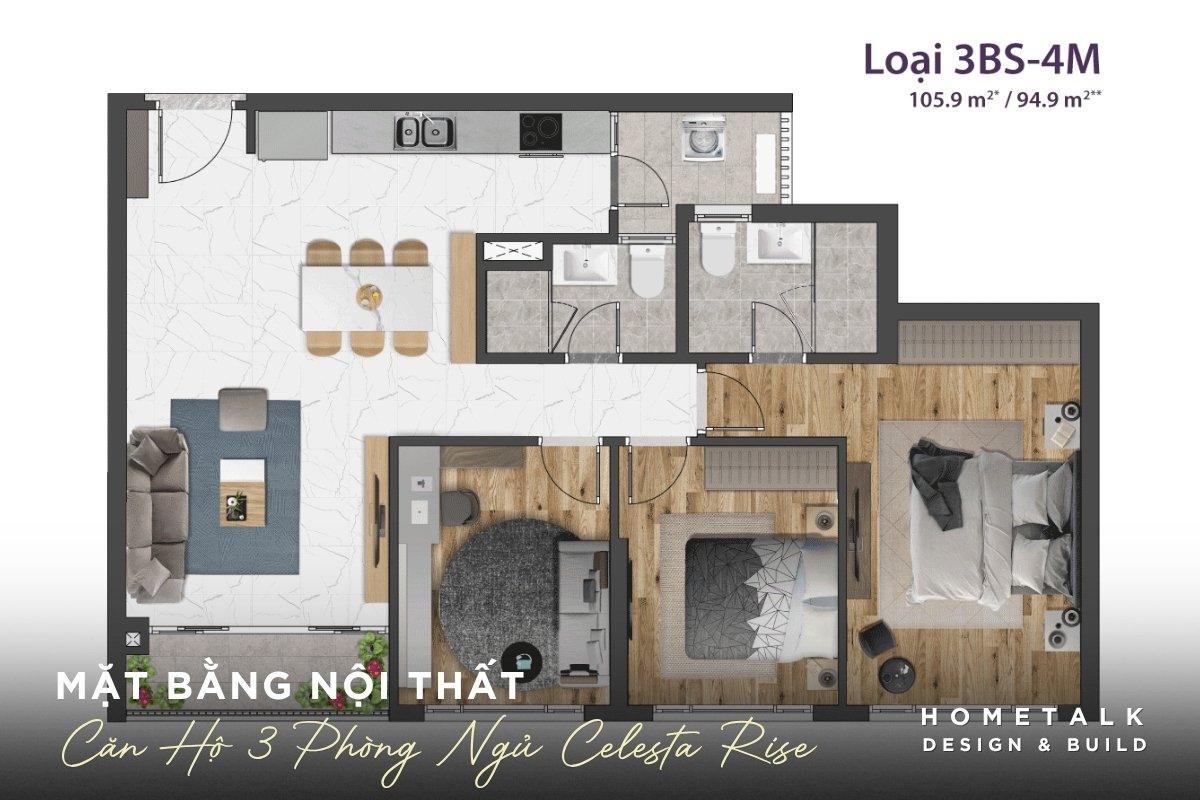 Mẫu thiết kế nội thất căn hộ Celesta Rise đẹp, gọn gàng và dễ ứng dụng 39 mat bang can ho 3 phong ngu celesta rise phu hop cho gia dinh dong nguoi