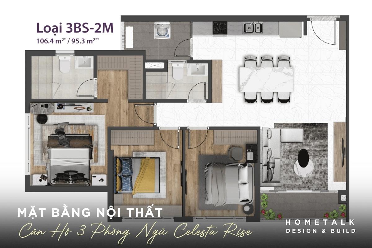 Thiết kế nội thất căn hộ 3 phòng ngủ Celesta Rise cho gia đình đông người 19 mat bang noi that can ho 3 phong ngu celesta rise nha be