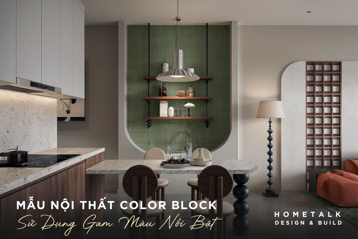 mau khong gian phong bep ca tinh voi nhung gam mau noi bat duoc chia thanh nhieu mang mau xanh la trang va nau tao hieu ung color block doc dao